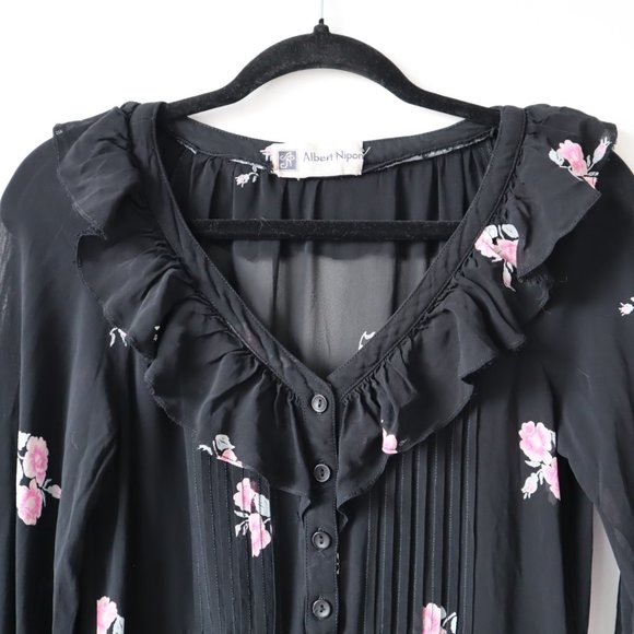 Vintage 70s Albert Nipon Black Floral Sheer Midi Dress, Size Small - Picture 3 of 16